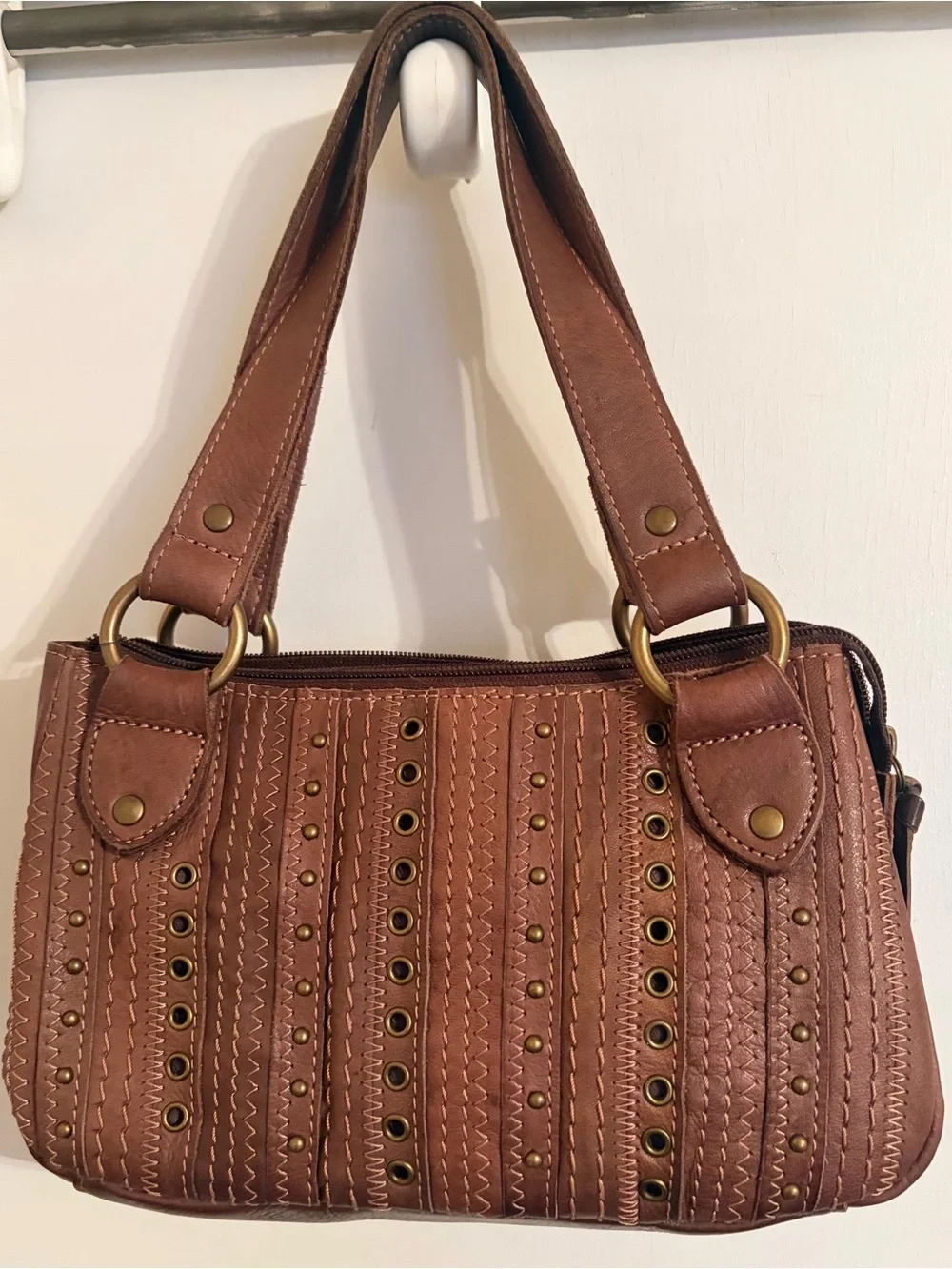 Brown Studded Shoulder Bag & Fossil Wallet Bundle